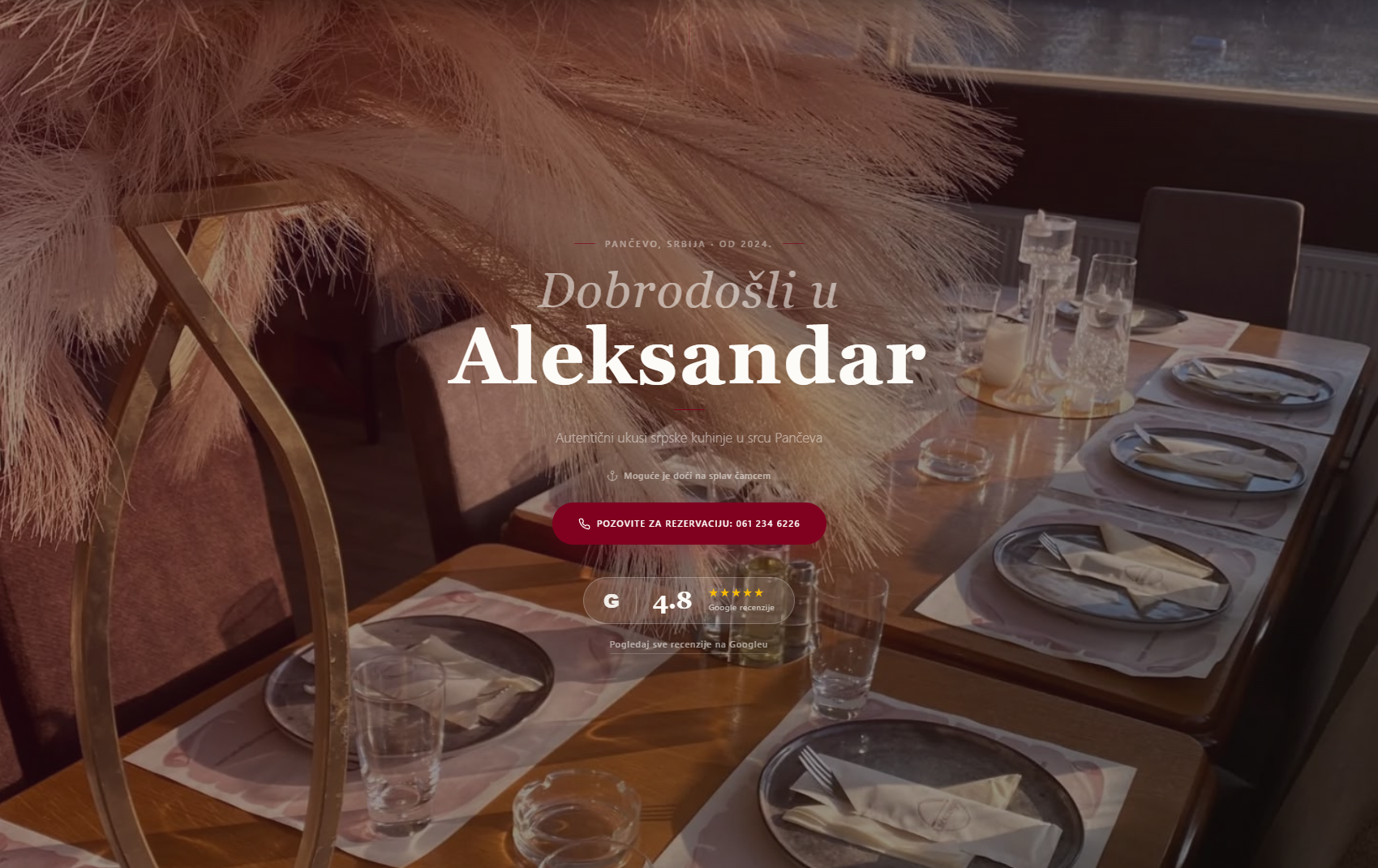 Početna strana sajta Restorana Aleksandar u Pančevu sa fotografijom sale i dugmetom za rezervaciju